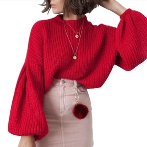 Cropped red puff sleeve sweater